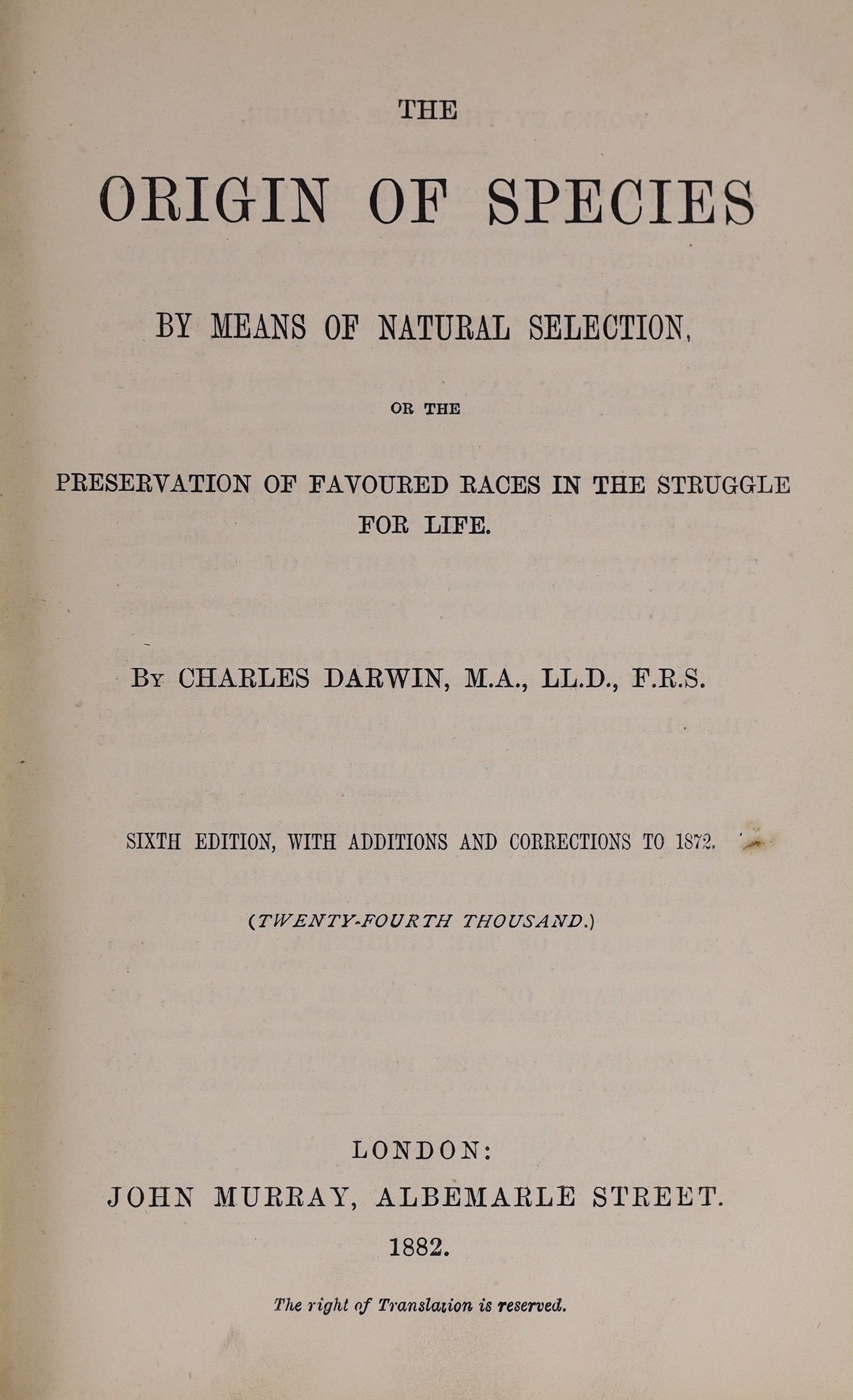 Darwin, Charles, The Origin of Species, 6th Edition, 1882